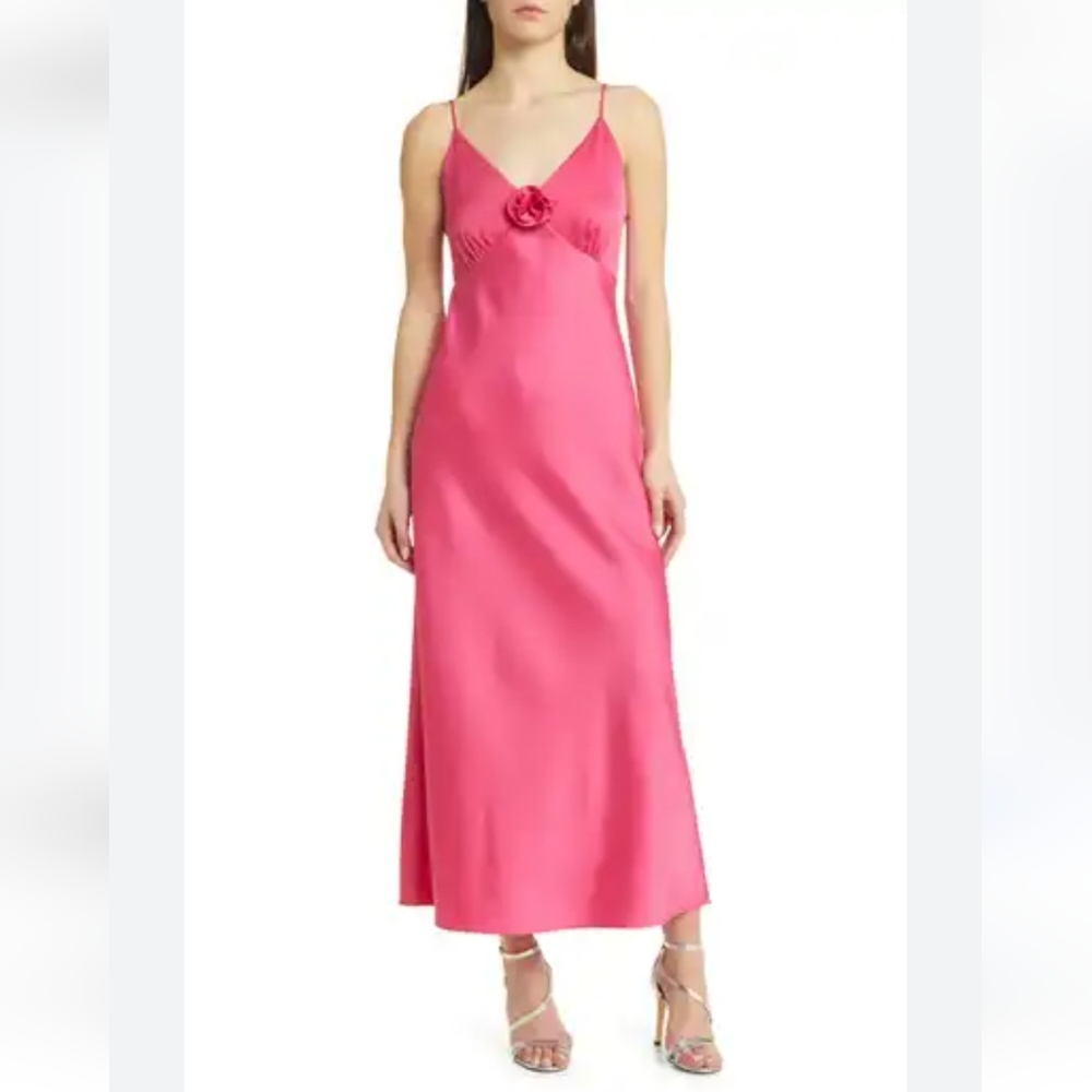 Wayf Midi Spaghetti Strap Silk Slip Dress Size Small Hot Pink